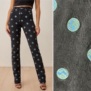 REFORMATION Earth Embroidered High Rise Straight Long Jeans